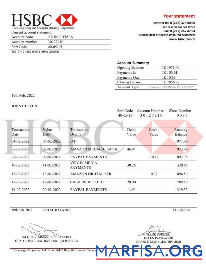 Downloadable Turkey HSBC bank statement word sample